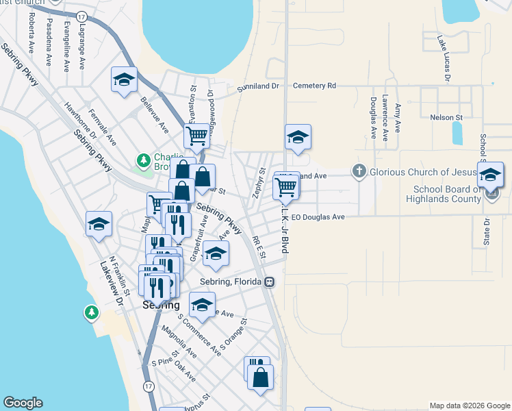 map of restaurants, bars, coffee shops, grocery stores, and more near 517 Harris Street in Sebring