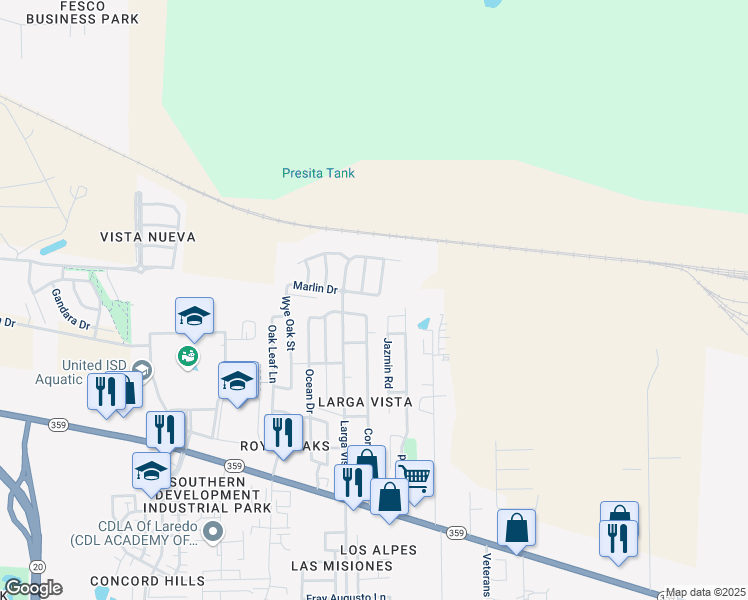 map of restaurants, bars, coffee shops, grocery stores, and more near 5519 Marlin Drive in Laredo