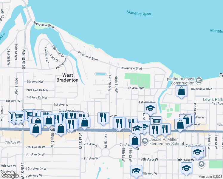 map of restaurants, bars, coffee shops, grocery stores, and more near 217 47th Street Northwest in Bradenton