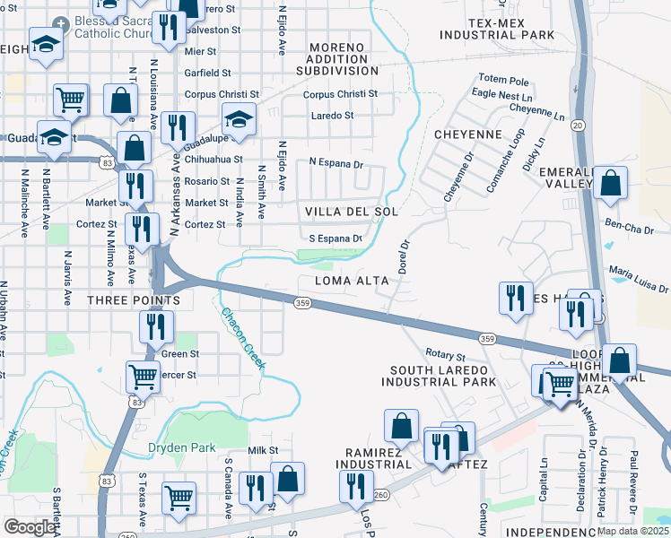 map of restaurants, bars, coffee shops, grocery stores, and more near 204 Navarra Cir in Laredo