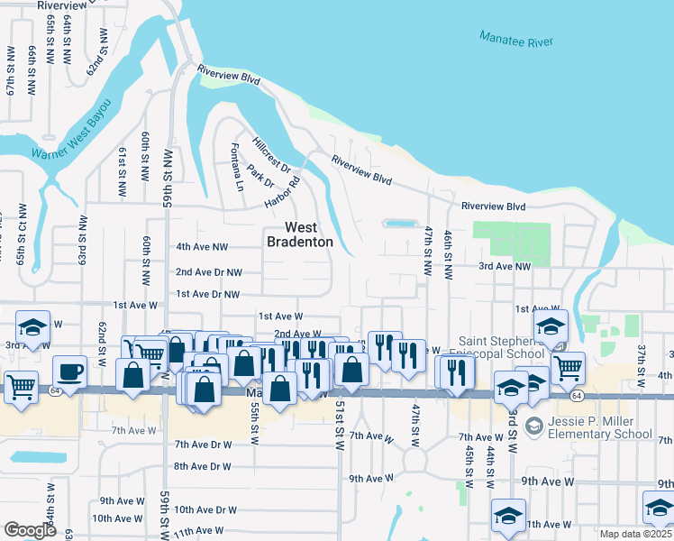 map of restaurants, bars, coffee shops, grocery stores, and more near 207 Hillcrest Drive in Bradenton