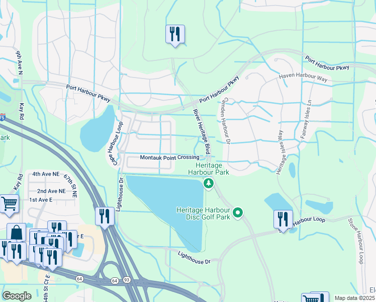 map of restaurants, bars, coffee shops, grocery stores, and more near 7299 Montauk Point Crossing in Bradenton