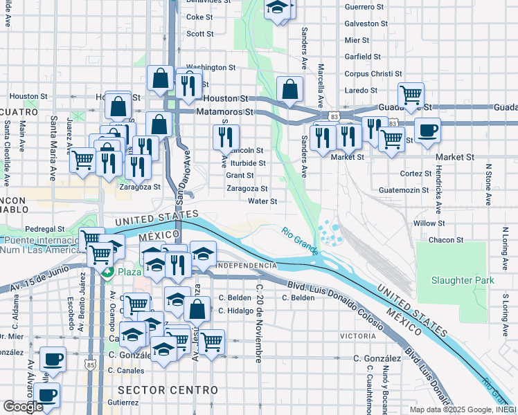 map of restaurants, bars, coffee shops, grocery stores, and more near 119 Water Street in Laredo
