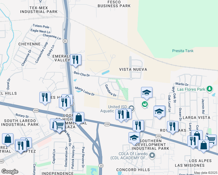 map of restaurants, bars, coffee shops, grocery stores, and more near 525 Gandara Drive in Laredo