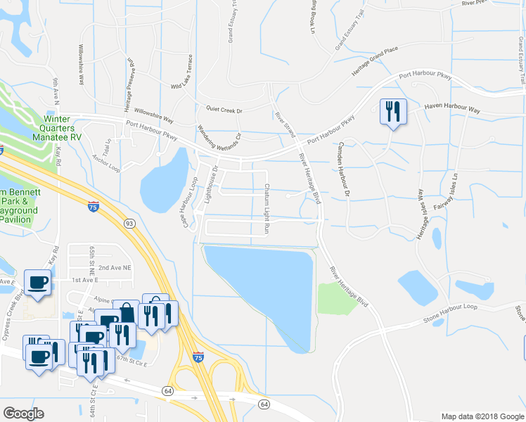 map of restaurants, bars, coffee shops, grocery stores, and more near 7090 Chatum Light Run in Bradenton