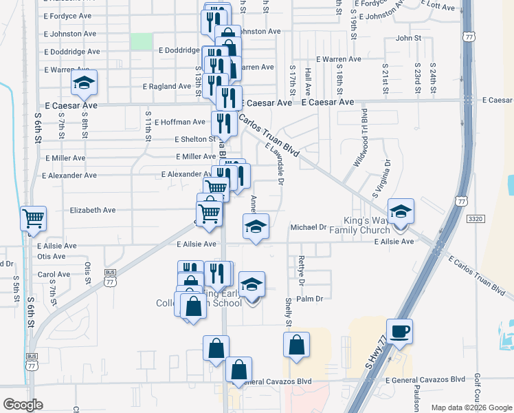 map of restaurants, bars, coffee shops, grocery stores, and more near 1102 Elizabeth Avenue in Kingsville