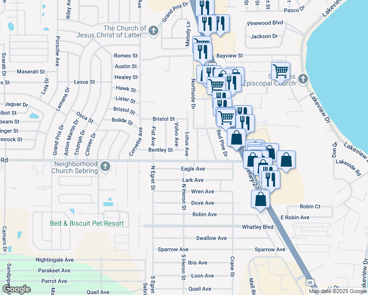 map of restaurants, bars, coffee shops, grocery stores, and more near 303 Lotus Avenue in Sebring