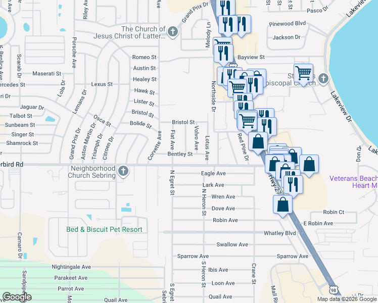 map of restaurants, bars, coffee shops, grocery stores, and more near 300 Sprite Avenue in Sebring