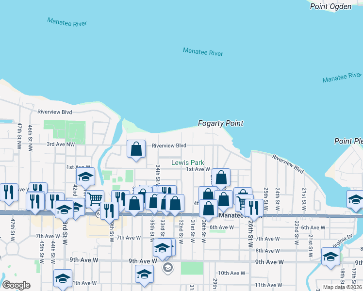 map of restaurants, bars, coffee shops, grocery stores, and more near 401 32nd Street Northwest in Bradenton
