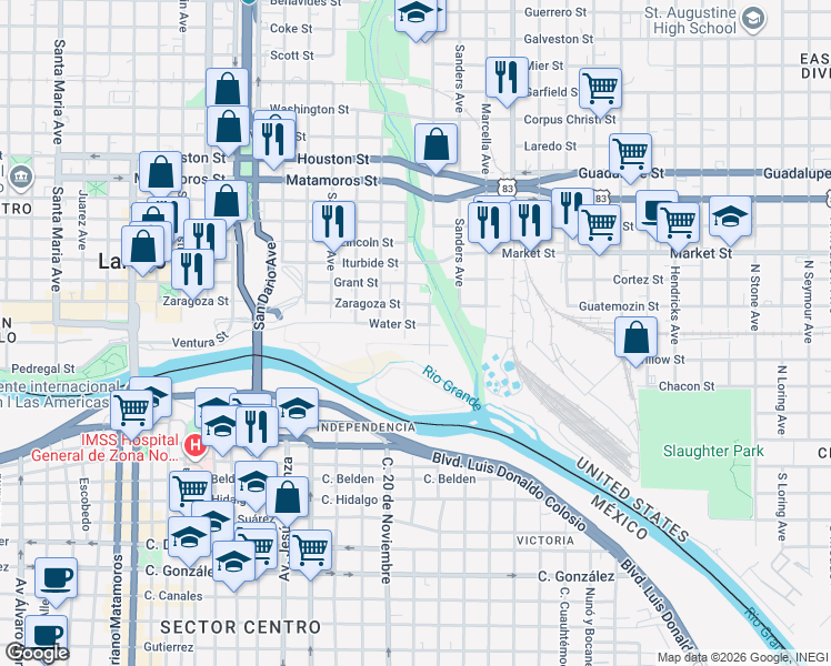 map of restaurants, bars, coffee shops, grocery stores, and more near 12613 River Bend Circle in Laredo