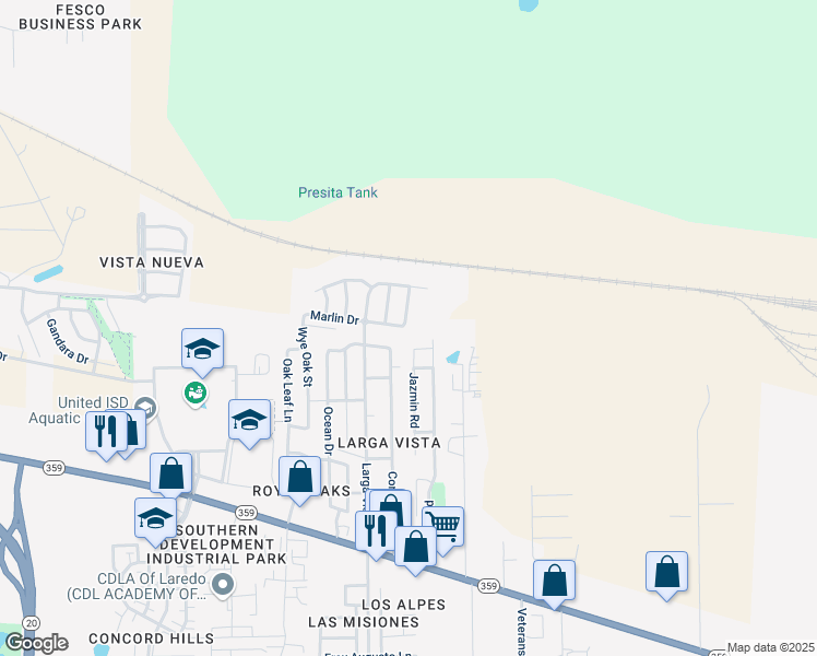 map of restaurants, bars, coffee shops, grocery stores, and more near 5519 Marlin Drive in Laredo