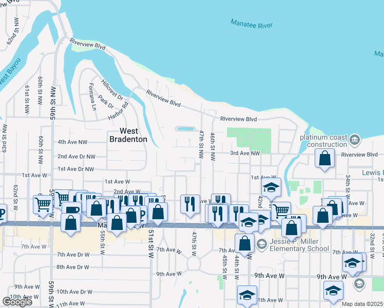 map of restaurants, bars, coffee shops, grocery stores, and more near 217 47th Street Northwest in Bradenton
