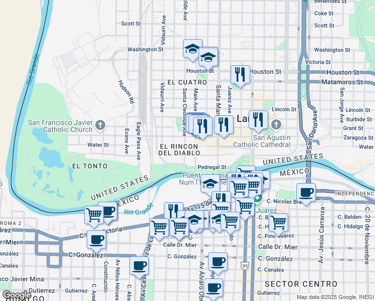 map of restaurants, bars, coffee shops, grocery stores, and more near 1 South Main Avenue in Laredo