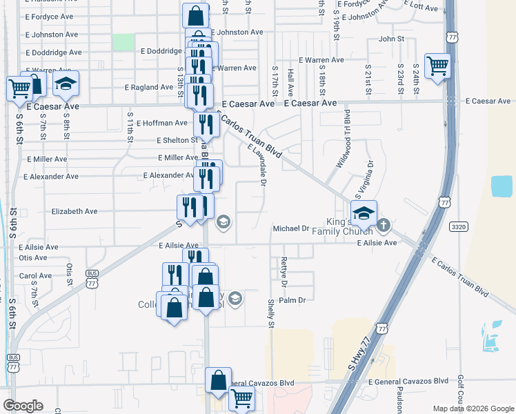 map of restaurants, bars, coffee shops, grocery stores, and more near 1629 East Lawndale Drive in Kingsville