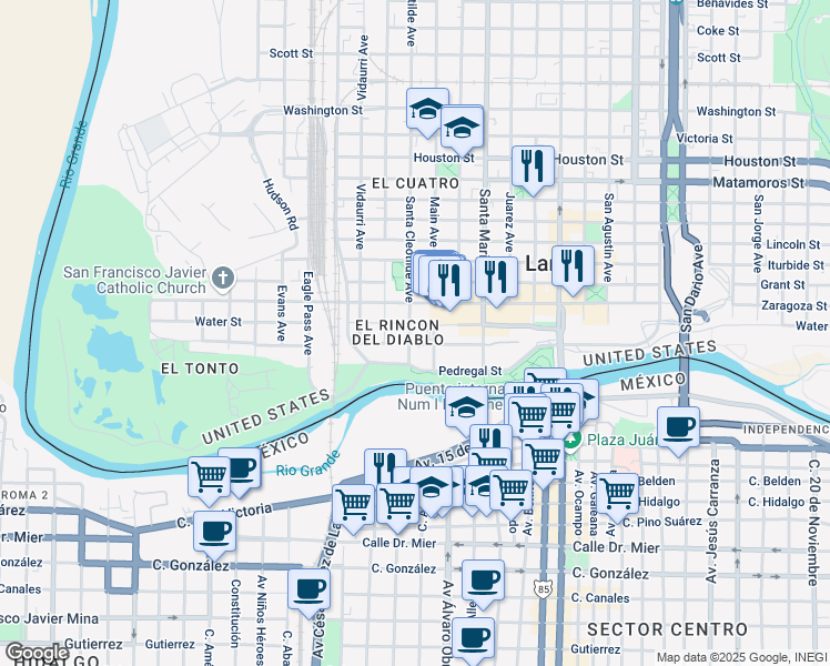 map of restaurants, bars, coffee shops, grocery stores, and more near 1 South Main Avenue in Laredo