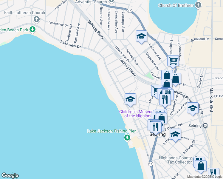 map of restaurants, bars, coffee shops, grocery stores, and more near 2381 Lakeview Drive in Sebring