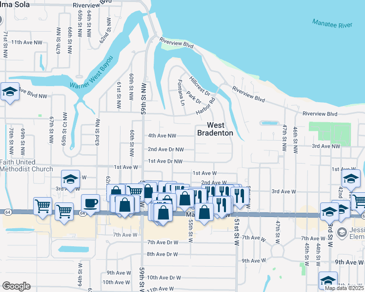 map of restaurants, bars, coffee shops, grocery stores, and more near 5512 2nd Avenue Drive West in Bradenton