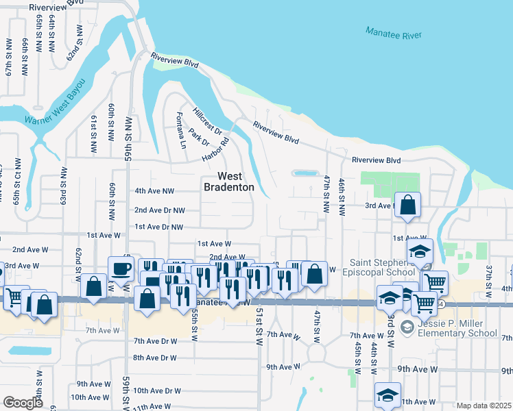 map of restaurants, bars, coffee shops, grocery stores, and more near 207 Hillcrest Drive in Bradenton