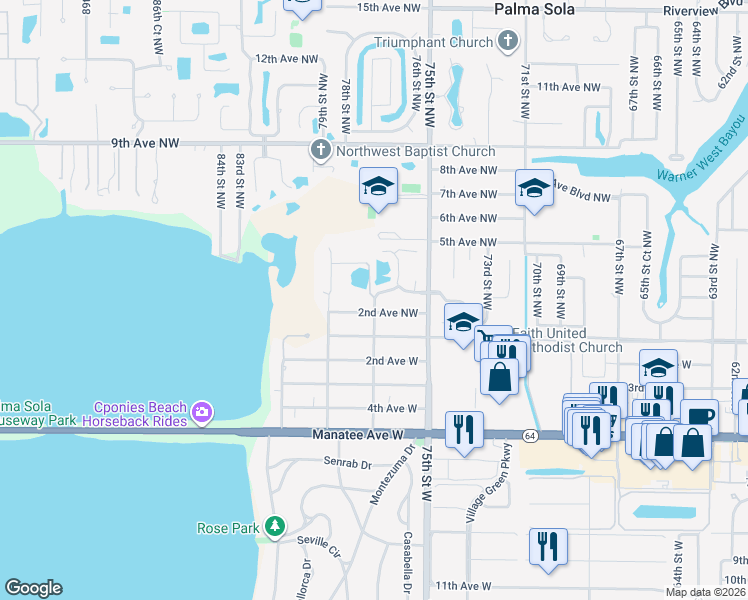 map of restaurants, bars, coffee shops, grocery stores, and more near 77th Street Northwest in Bradenton