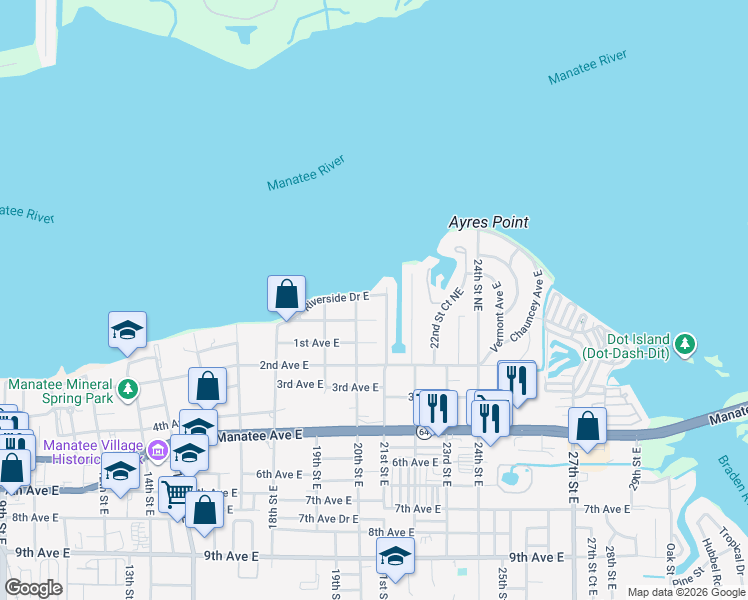 map of restaurants, bars, coffee shops, grocery stores, and more near 2014 Riverside Drive East in Bradenton