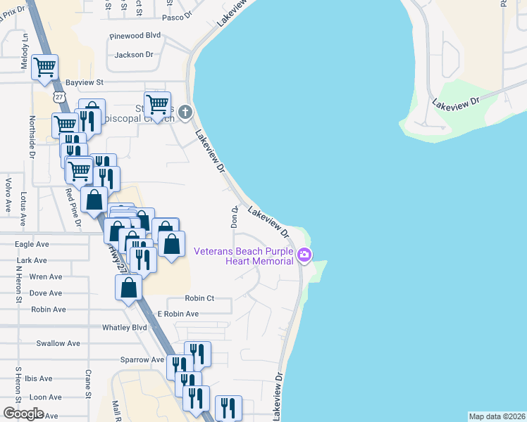 map of restaurants, bars, coffee shops, grocery stores, and more near 4120 Lakeview Drive in Sebring