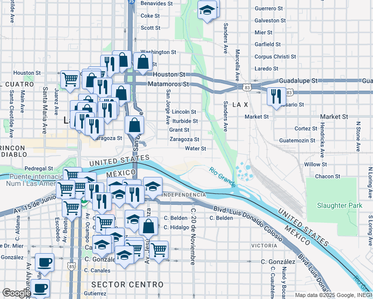 map of restaurants, bars, coffee shops, grocery stores, and more near 119 Water Street in Laredo