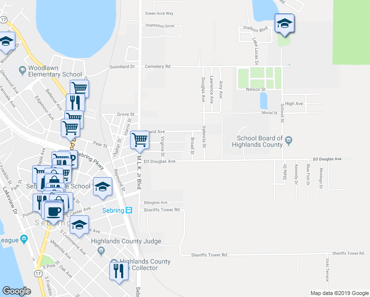 map of restaurants, bars, coffee shops, grocery stores, and more near 1142 Lemon Avenue in Sebring