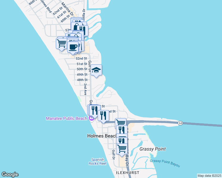 map of restaurants, bars, coffee shops, grocery stores, and more near 231 South Harbor Drive in Holmes Beach