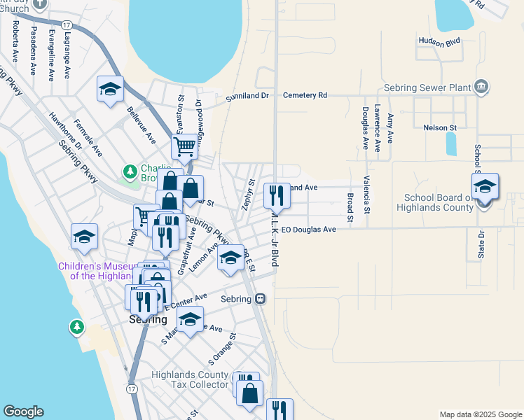map of restaurants, bars, coffee shops, grocery stores, and more near 418 Martin Luther King Junior Boulevard in Sebring