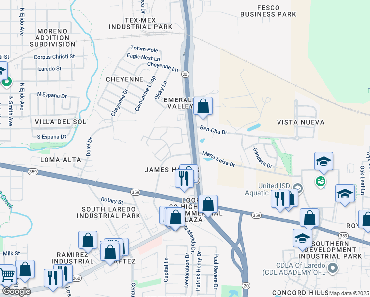 map of restaurants, bars, coffee shops, grocery stores, and more near 222 Bob Bullock Loop in Laredo