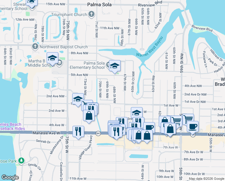 map of restaurants, bars, coffee shops, grocery stores, and more near 203 69th Street Northwest in Bradenton