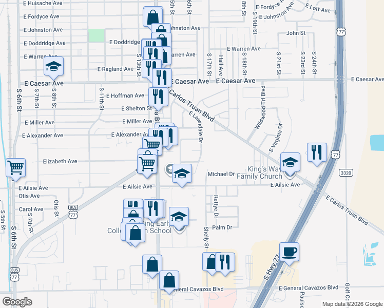 map of restaurants, bars, coffee shops, grocery stores, and more near 1629 East Lawndale Drive in Kingsville