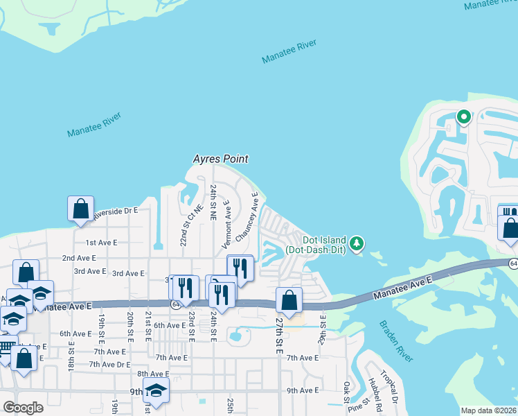 map of restaurants, bars, coffee shops, grocery stores, and more near 12 Lafayette Street in Bradenton