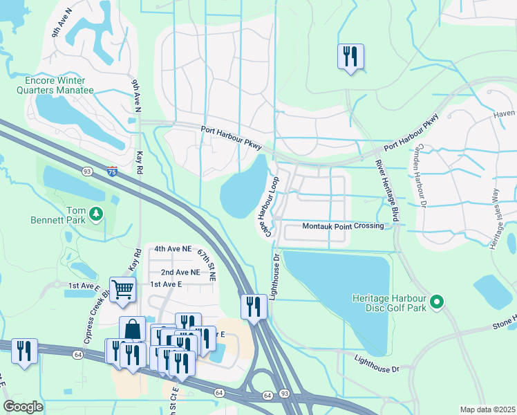 map of restaurants, bars, coffee shops, grocery stores, and more near 256 Cape Harbour Loop in Bradenton