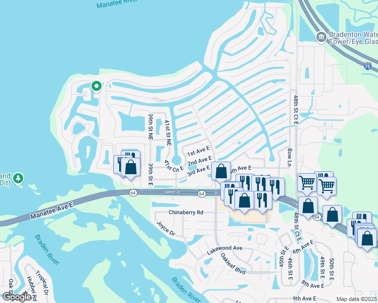 map of restaurants, bars, coffee shops, grocery stores, and more near 4123 1st Avenue East in Bradenton