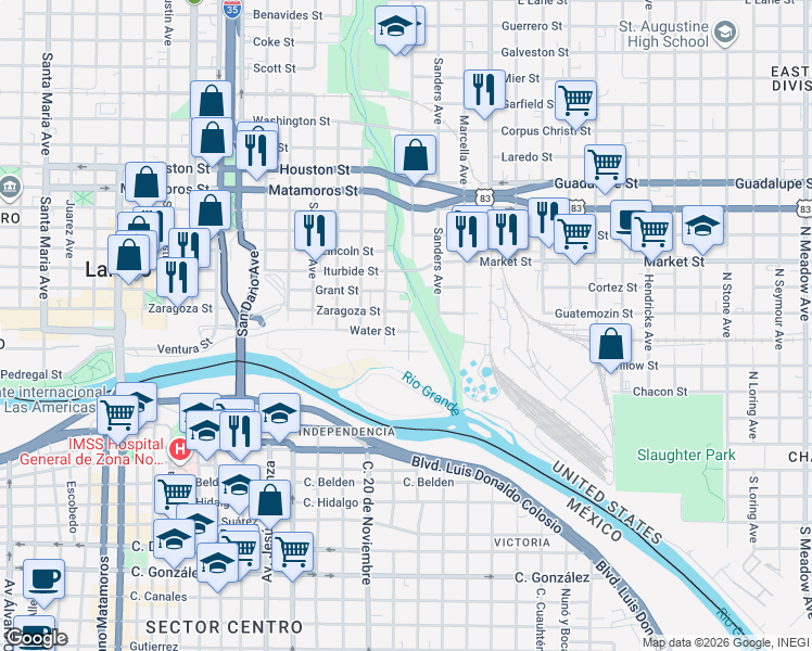 map of restaurants, bars, coffee shops, grocery stores, and more near 12613 River Bend Circle in Laredo