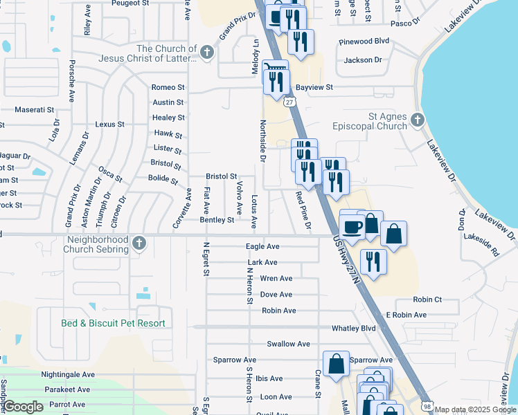 map of restaurants, bars, coffee shops, grocery stores, and more near 303 Lotus Avenue in Sebring