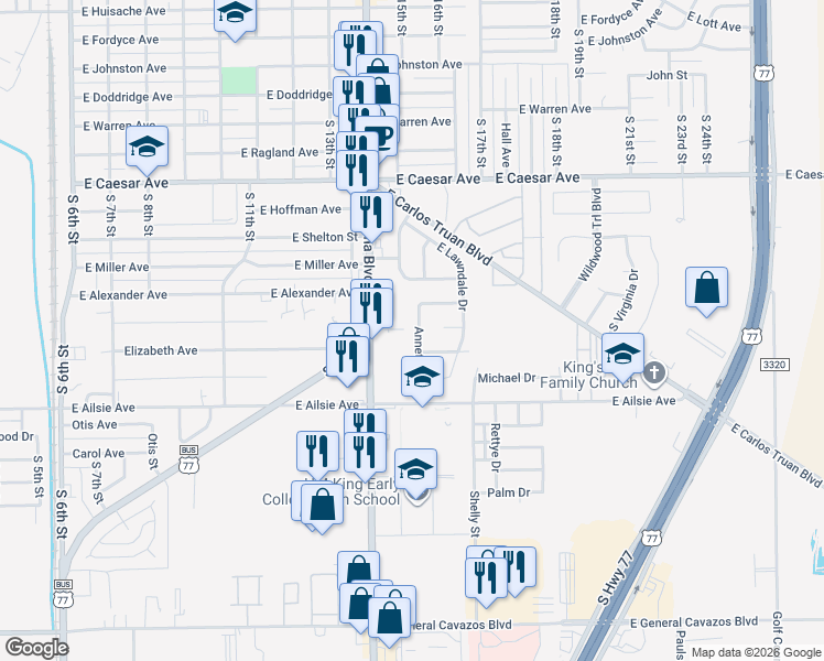 map of restaurants, bars, coffee shops, grocery stores, and more near 1102 Elizabeth Avenue in Kingsville