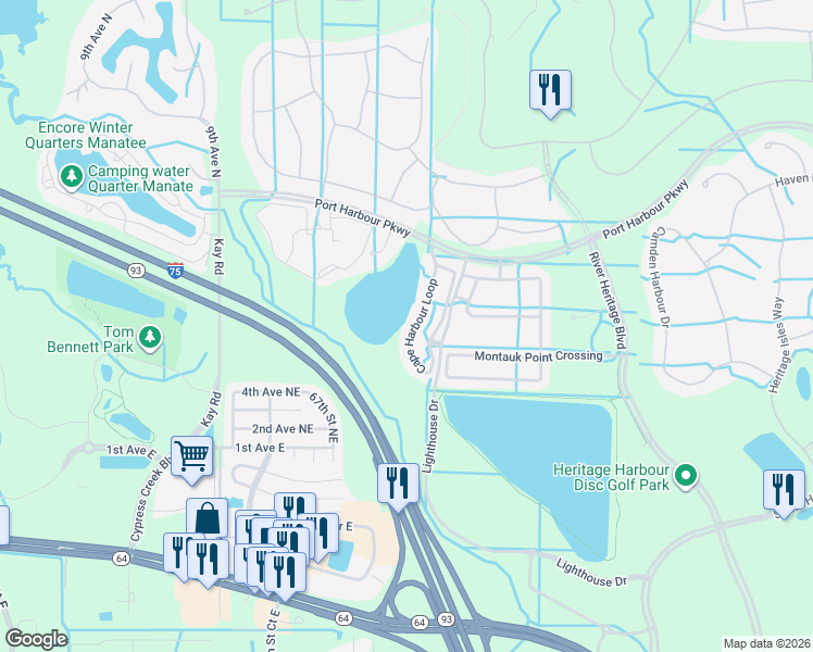 map of restaurants, bars, coffee shops, grocery stores, and more near 256 Cape Harbour Loop in Bradenton