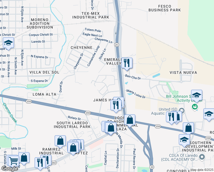 map of restaurants, bars, coffee shops, grocery stores, and more near 302 Bob Bullock Loop in Laredo