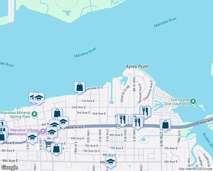 map of restaurants, bars, coffee shops, grocery stores, and more near 2014 Riverside Drive East in Bradenton