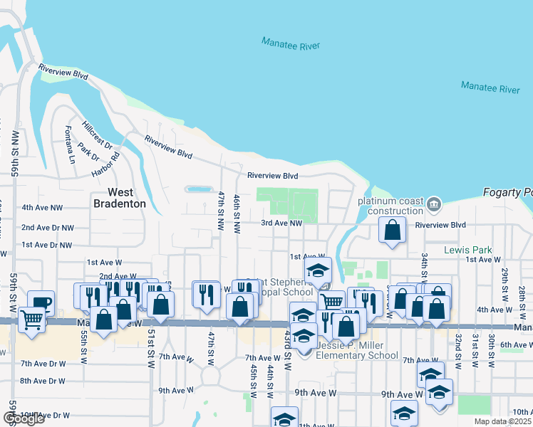 map of restaurants, bars, coffee shops, grocery stores, and more near 309 45th Street Northwest in Bradenton