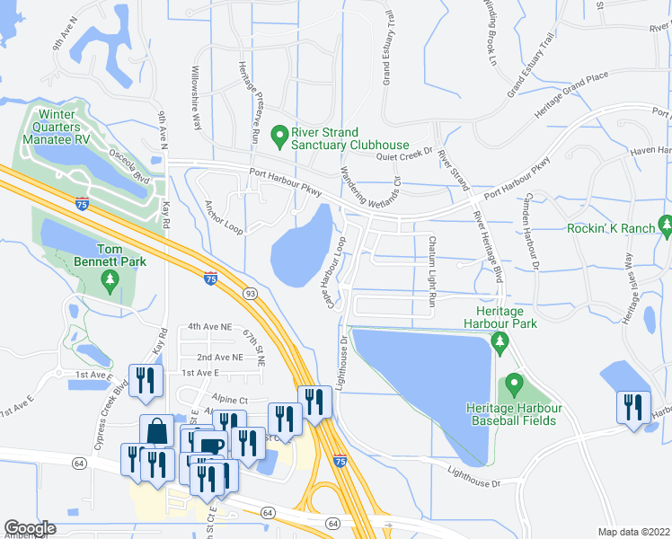 map of restaurants, bars, coffee shops, grocery stores, and more near 208 Port Harbour Parkway in Bradenton