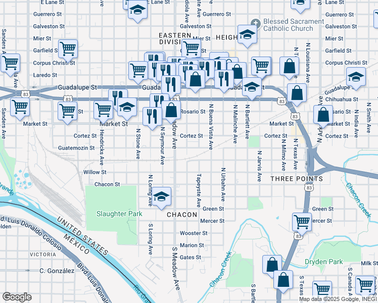 map of restaurants, bars, coffee shops, grocery stores, and more near 1719 Aldama Street in Laredo