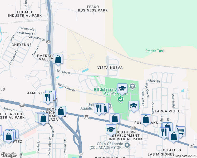 map of restaurants, bars, coffee shops, grocery stores, and more near 503 Valnera Drive in Laredo