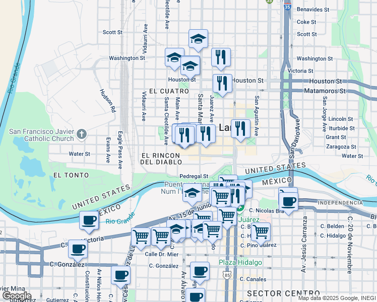 map of restaurants, bars, coffee shops, grocery stores, and more near 210 Davis Avenue in Laredo