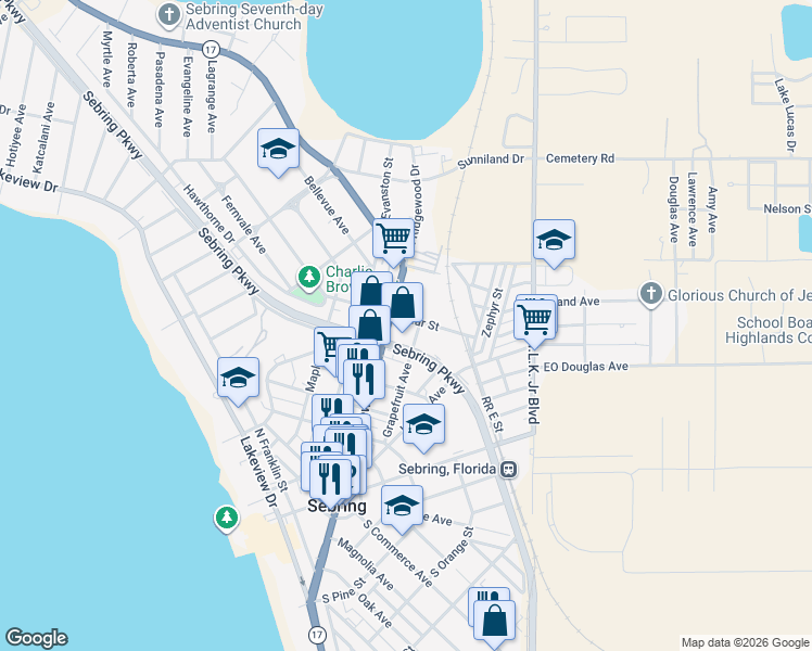 map of restaurants, bars, coffee shops, grocery stores, and more near 843 Grapefruit Avenue in Sebring