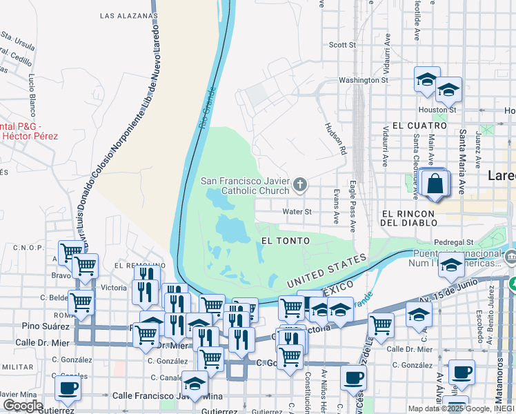 map of restaurants, bars, coffee shops, grocery stores, and more near 2802 Zaragoza Street in Laredo