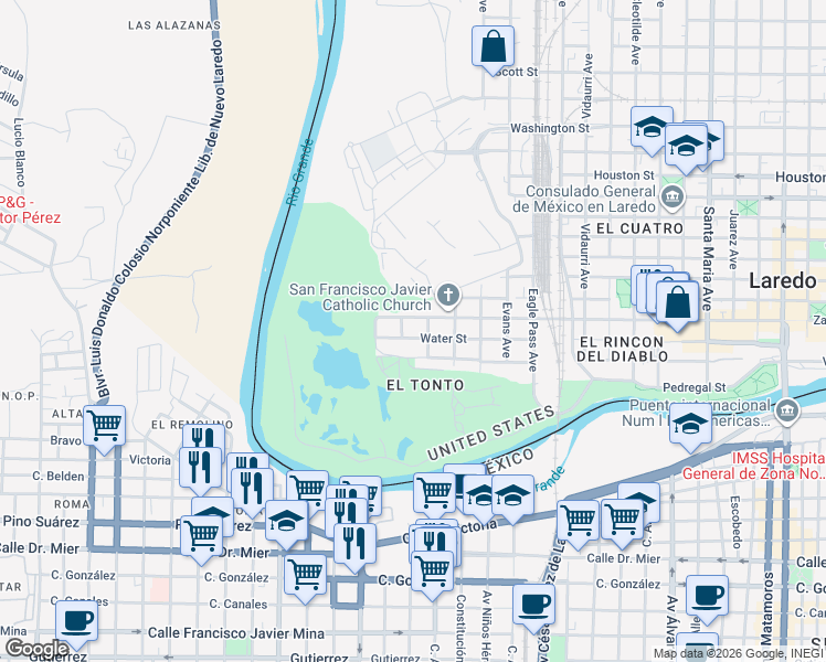 map of restaurants, bars, coffee shops, grocery stores, and more near 2616 Zaragoza Street in Laredo