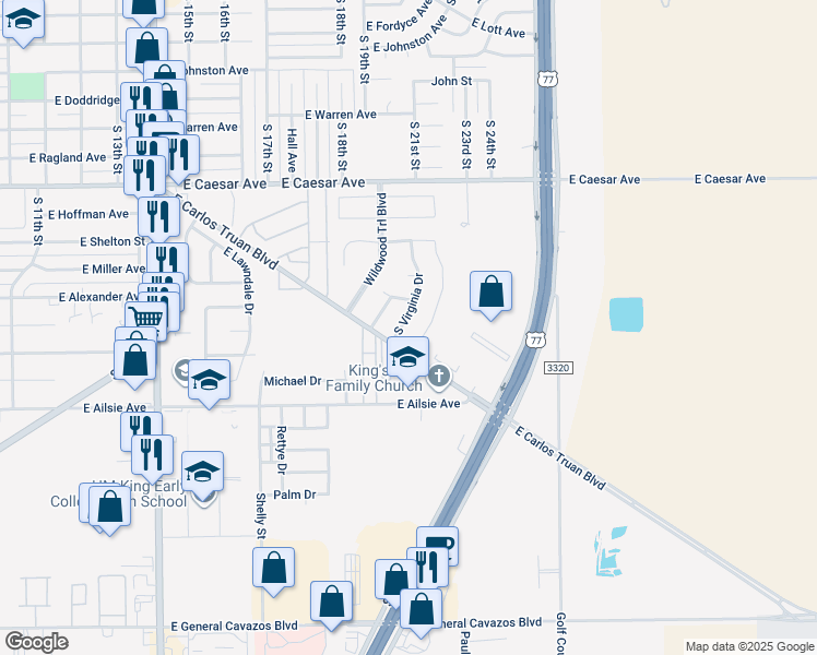 map of restaurants, bars, coffee shops, grocery stores, and more near 1502 South Parker Drive in Kingsville